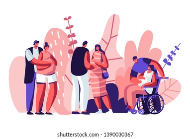 Happy Couples Waiting Baby. Young Healthy and Disabled Pregnant Female Characters with their Husbands. Girl on Wheelchair. Motherhood, Maternity, Family Relations. Cartoon Flat Vector Illustration