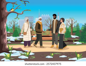 Happy couples walking in the spring city park. Active lifestyle. Beauty of spring nature. Vector illustration.