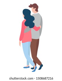 Happy couples walking, young man and woman back view spending time together. Isolated on white, merry lovers. Vector illustration in flat cartoon style