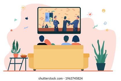 Happy couples watching criminal drama in living room. Sofa, evening, TV flat vector illustration. Lifestyle and entertainment concept for banner, website design or landing web page