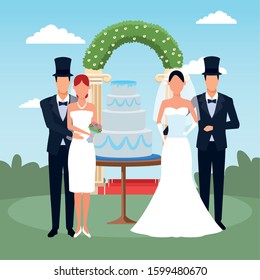 happy couples with weeding cake and floral arch around over landscape background, colorful design, vector illustration