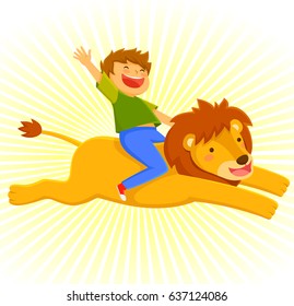 happy courageous boy riding on a lion