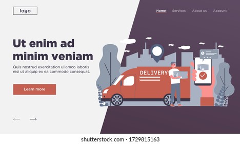 Happy courier delivering package to customer flat vector illustration. Client making order via smartphone app and tracking online. Service, GPS technology and delivery concept.