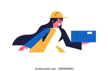 Happy courier delivering parcels. Delivery of parcels from a courier in uniform. Happy woman with an order box in his hands. Flat vector illustration isolated on background