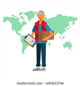 happy courier delivery worldwide on time on map background vector