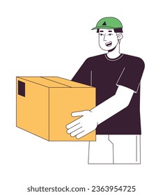 Happy courier holding paquete de color de línea plana carácter vector. Entrega rápida. Medio cuerpo del contorno editable persona en blanco. Dibujo puntual de caricatura simple para hombre de entrega para diseño gráfico web