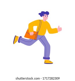 Happy courier is running cartoon vector icon. Hand drawn in trendy doodle style - 
the guy smiles, shows a thumbs up and runs with a bag over his shoulder. Colorful illustration Isolated on white back