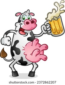 A happy cow cartoon with big round pink udders smiling and holding a tall mug of cold delicious beer getting ready to take a big drink and get a little tipsy on the farm