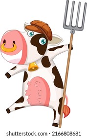 Happy cow cartoon character with rake illustration
