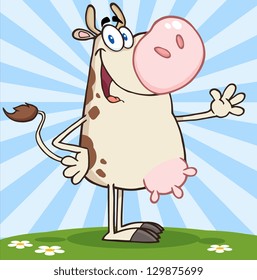 Happy Cow Cartoon Character Waving For Greeting