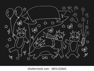 Happy cow celebrating new year. Hand drawn vector doodle illustration with different element of new year icons.