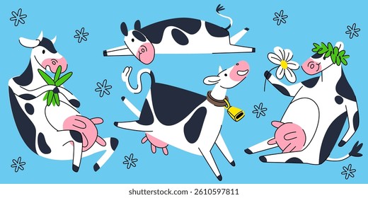 Happy cow characters set isolated on blue background. Vector cartoon illustration of funny farm animal with udder holding grass and flower, lying, jumping with bell on neck, dairy product mascot