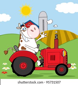 Happy Cow Farmer In Red Tractor Waving A Greeting On His Farm.Vector Illustration