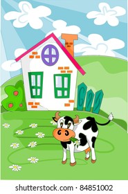 Happy cow with flowers on the green meadow in background farm house - vector