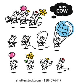 Happy cow. Funny smiling character illustration. Milk symbol set. Cheerful dancing cow with flower