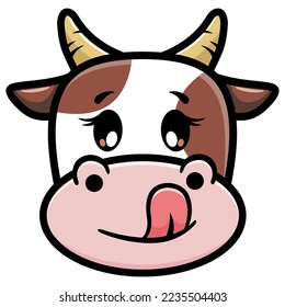 Happy cow head with tongue sticking out. Cartoon on white background