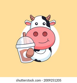 Happy cow holding milk tea drink cup animal mascot cartoon vector illustration