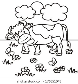 happy cow on meadow, coloring book, vector illustration