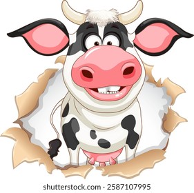 Happy cow peeking through torn paper hole