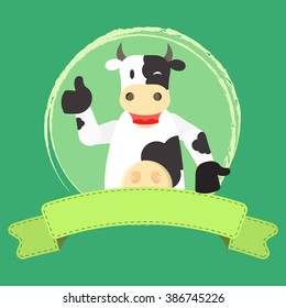 Happy cow and ribbon. Happy cow approving something. Blank ribbon for insert text.