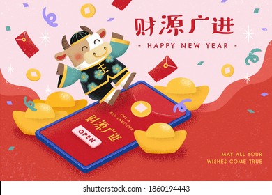 Happy cow sending red envelope through smartphone app, concept of sending digital gift on Chinese new year, Translation: May you be prosperous