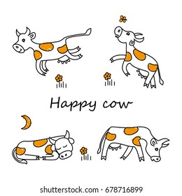 Happy cow. The cow sleeps, eats, jumps, walks. Outline vector illustration.