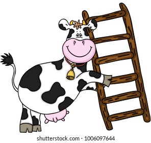 Happy cow with wooden ladder
