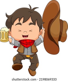 El feliz vaquero está saltando y sosteniendo una cerveza de raíz en la ilustración