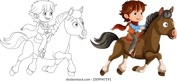 Um vaqueiro feliz cavalgando um cavalo marrom