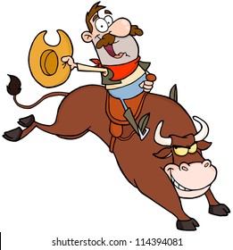 Happy Cowboy Riding Bull In Rodeo. Vector Illustration