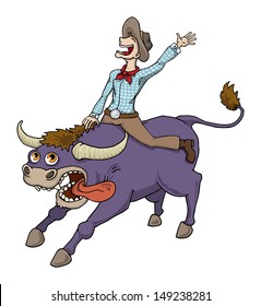 Happy Cowboy Riding Bull In Rodeo, Vector Illustration