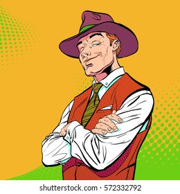 Happy cowboy. Sheriff. Cartoon character. Wild west. Concept idea of advertisement and promo. Halftone background. Pop art retro style illustration. People in retro style.