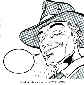 Happy cowboy. Sheriff. Cartoon character. Wild west. Concept idea of advertisement and promo. Halftone background. Pop art retro style illustration. People in retro style.