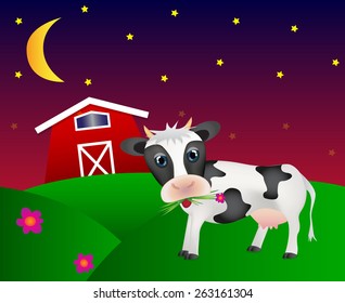 Happy cown with barn on meadow in night