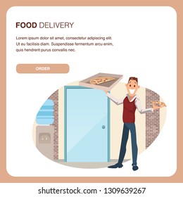 Happy Coworker Hold Carton Pizza Box at Workplace. Food Delivery Service. Man Wear Informal Suit Plan to Have Slice of Junkfood for Office Lunch Break. Cartoon Flat Vector Illustration