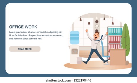 Happy Coworker Jumping Up at Office Workplace. Smiling Businessman Jump. Young Funny Man Wearing Formal Outfit Rejoice at Coworking Space. Fun Work. Cartoon Flat Vector Illustration
