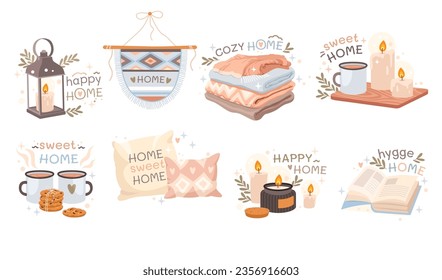 Happy cozy sweet home hygge composition with design item and hand-drawn lettering isolated set on white background. Interior aesthetics with comfortable house apartment decoration vector illustration