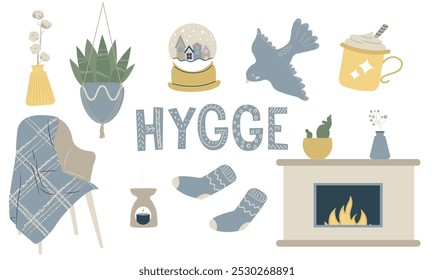 Feliz acolhedor doce casa hygge elementos e letras desenhadas à mão conjunto isolado no fundo branco. Estética interior com confortável decoração de apartamento vetor ilustração.