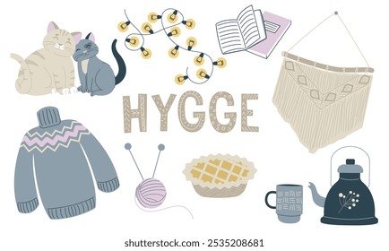 Happy cozy sweet home hygge elements and hand-drawn lettering isolated set on white background. Interior aesthetics with comfortable house apartment decoration vector illustration.