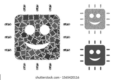 Happy CPU composition of irregular pieces in variable sizes and color tinges, based on happy CPU icon. Vector uneven pieces are organized into composition. Happy CPU icons collage with dotted pattern.