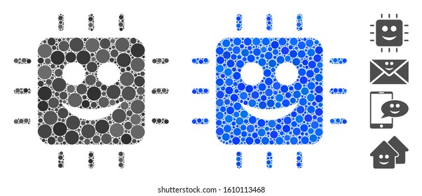 Happy CPU composition of round dots in different sizes and shades, based on happy CPU icon. Vector round dots are united into blue illustration. Dotted happy CPU icon in usual and blue versions.