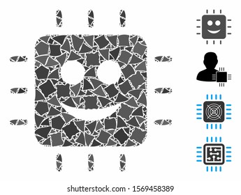 Happy CPU icon composition of trembly elements in different sizes and color tinges, based on happy CPU icon. Vector joggly dots are organized into composition.