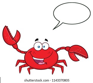 Happy Crab Cartoon Mascot Character Waving For Greeting. Vector Illustration Isolated On White Background With Speech Bubble