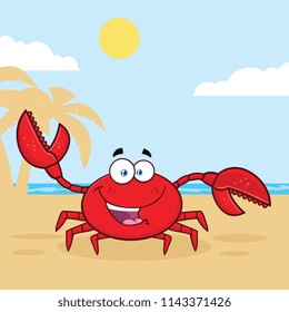 Happy Crab Cartoon Mascot Character Waving For Greeting. Vector Illustration With Palm And Beach Background