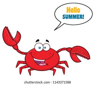 Happy Crab Cartoon Mascot Character Waving For Greeting. Vector Illustration Isolated On White Background With Speech Bubble And Text.