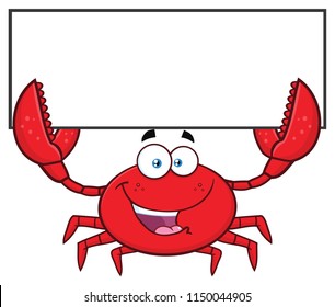 Happy Crab Cartoon Mascot Character Holding Blank Sign. Vector Illustration Isolated On White Background