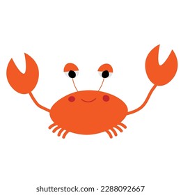 Happy crab with claws up in flat style. Simple marine, underwater character on white background, clipart