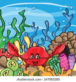 happy crab in ocean - cartoon vector illustration
