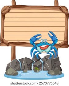 Happy crab on rocks near a wooden sign