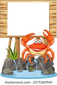 A happy crab stands near a wooden sign